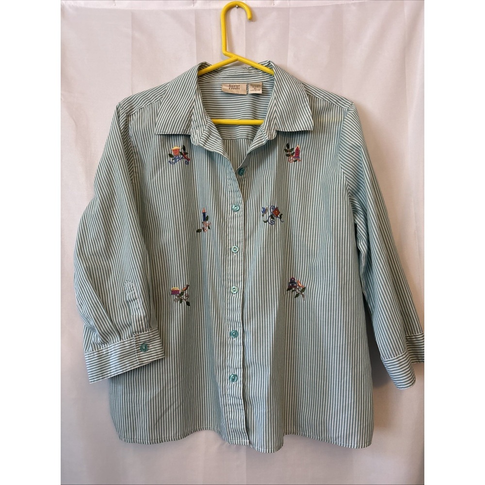Vtg Baxter & Wells Button Up Blouse XL Green Striped Embroidered Birds & Houses